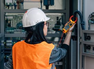 Young woman industrial service electrician engineer wearing protective vest and white technician helmet testing and checking fridge electric voltage with digital multimeter electric measurement instrument a control panel fuse box in boiler energy control room of modern thermal or nuclear power plant electric energy station. xxxl size taken with canon 5d mIV